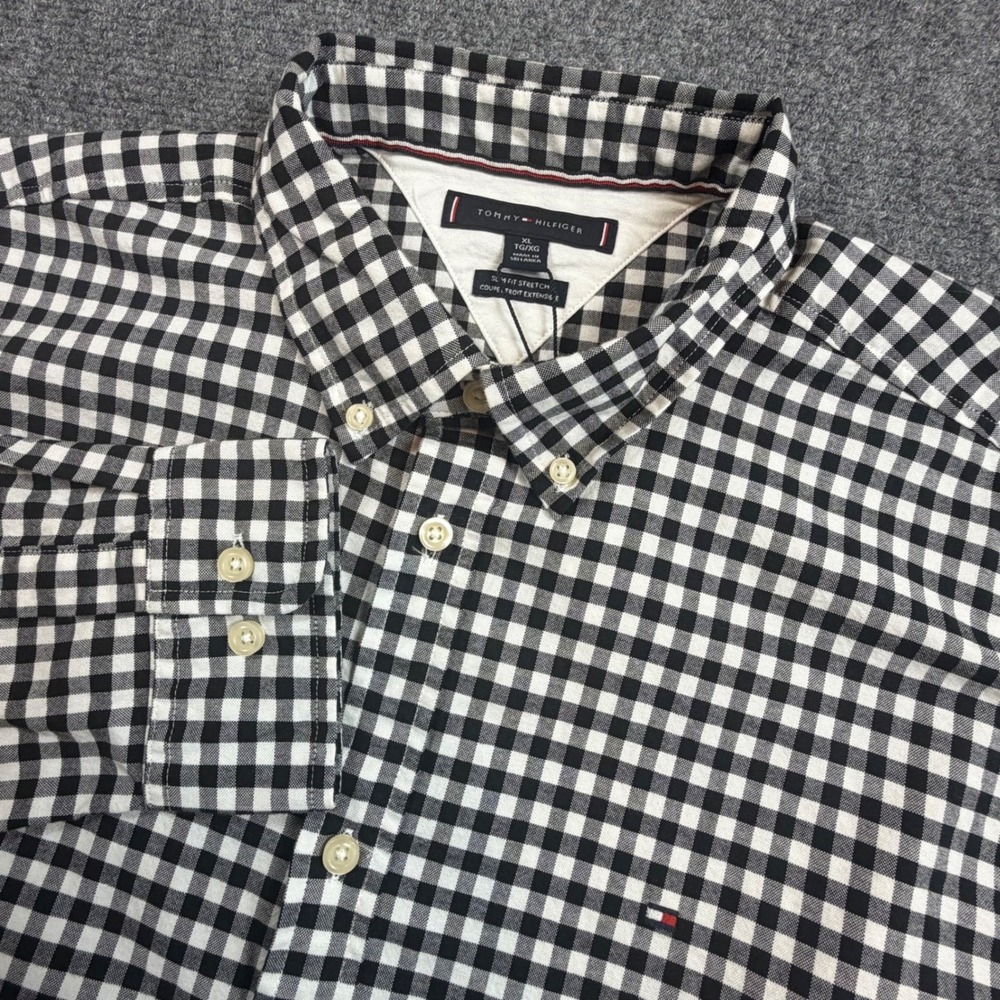 Tommy Hilfiger Mens XL Gingham Button Down Shirt Black White Long Sleeve